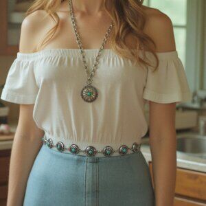 Women Silver Metal Fashion Belt Narrow Turquoise Blue Beads Moroccan Flower S M